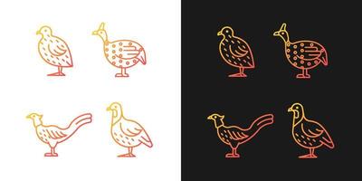 Landfowl gradient icons set for dark and light mode. Japanese quail. Pheasant family. Guinea fowl. Thin line contour symbols bundle. Isolated vector outline illustrations collection on black and white