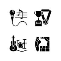 Hobby and leisure black glyph icons set on white space. Talent competition. Performing on stage. Musical and sports talent. Gifted singer. Silhouette symbols. Vector isolated illustration
