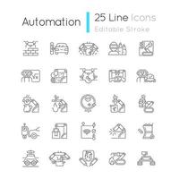 Automation linear icons set. Advanced manufacturing. Improve everyday life. Using robotic hands. Customizable thin line contour symbols. Isolated vector outline illustrations. Editable stroke