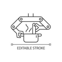 Cooking robots linear icon. Robotic kitchen. Automatic restaurant meals making. Robotic chef. Thin line customizable illustration. Contour symbol. Vector isolated outline drawing. Editable stroke