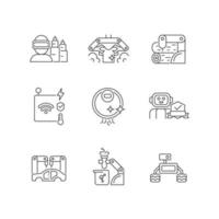 Automation technologies linear icons set. Manufacturing robots. Automated laundry and cleaning. Customizable thin line contour symbols. Isolated vector outline illustrations. Editable stroke