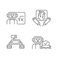 Conjunto de iconos lineales de tecnología robótica. robot quirúrgico. vehículo robótico. seguridad del hogar. ai en el aula. símbolos de contorno de línea fina personalizables. ilustraciones de contorno de vector aislado. trazo editable