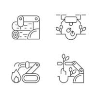 Automation for wellbeing linear icons set. Wood processing. Drones for planting. Firefighter robot. Customizable thin line contour symbols. Isolated vector outline illustrations. Editable stroke