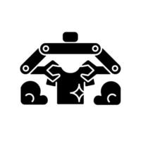 Laundry robot black glyph icon. Folding clothes with robotic arms. Artificial intelligence. Laundry-folding machine. Washing clothes. Silhouette symbol on white space. Vector isolated illustration