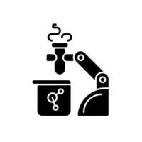 Robotic lab assistance black glyph icon. Automated laboratory assistant. Lab automation solution. Performing liquid handling. Silhouette symbol on white space. Vector isolated illustration