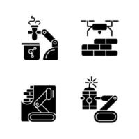 Automation in different industries black glyph icons set on white space. Robotic lab assistance. Drones for construction. Bomb defusing robot. Silhouette symbols. Vector isolated illustration