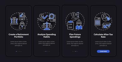 Saving money onboarding mobile app page screen. Income money management walkthrough 4 steps graphic instructions with concepts. UI, UX, GUI vector template with linear night mode illustrations
