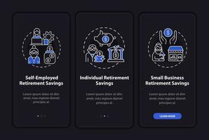 Types of savings onboarding mobile app page screen. Individual retirement walkthrough 3 steps graphic instructions with concepts. UI, UX, GUI vector template with linear night mode illustrations