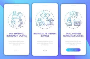 Retirement account types onboarding mobile app page screen. Savings for business walkthrough 3 steps graphic instructions with concepts. UI, UX, GUI vector template with linear color illustrations