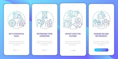 Plan pension goals onboarding mobile app page screen. Investments future income walkthrough 4 steps graphic instructions with concepts. UI, UX, GUI vector template with linear color illustrations