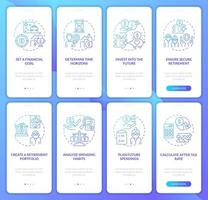 Pension fund creation onboarding mobile app page screen. Preparation for retirement walkthrough 4 steps graphic instructions with concepts. UI, UX, GUI vector template with linear color illustrations