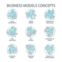 Business models blue concept icons set. Value proposition. Target market. Competitive advantage. Enterprise idea thin line color illustrations. Vector isolated outline drawings. Editable stroke