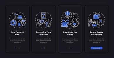 Retirement steps onboarding mobile app page screen. Financial planning walkthrough 4 steps graphic instructions with concepts. UI, UX, GUI vector template with linear night mode illustrations