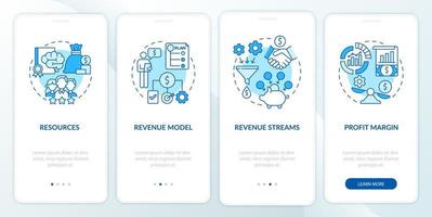 Business model essentials blue onboarding mobile app page screen. Company finance walkthrough 4 steps graphic instructions with concepts. UI, UX, GUI vector template with linear color illustrations