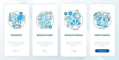 pantalla de la página de la aplicación móvil de incorporación azul de conceptos básicos del modelo de negocio. Tutorial de finanzas de la empresa Instrucciones gráficas de 4 pasos con conceptos. ui, ux, plantilla de vector de interfaz gráfica de usuario con ilustraciones en color lineal