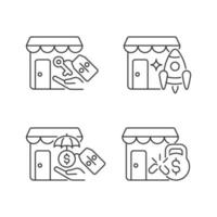 Startup fast growth linear icons set. Small business launch. Payments reduction. Financial support. Customizable thin line contour symbols. Isolated vector outline illustrations. Editable stroke