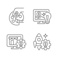 Startup ideas linear icons set. Patronage and guidance. Online marketplace. Small business launch. Customizable thin line contour symbols. Isolated vector outline illustrations. Editable stroke