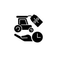 Rental equipment discounts black glyph icon. Small business incentive. Tool price reduction for small organizations. Startups support. Silhouette symbol on white space. Vector isolated illustration