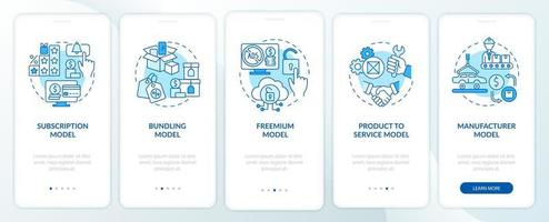 Types of business models blue onboarding mobile app page screen. Commerce walkthrough 5 steps graphic instructions with concepts. UI, UX, GUI vector template with linear color illustrations