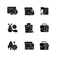 Small business development support black glyph icons set on white space. Website creation. Financial grants. Investing. Payments reduction. Silhouette symbols. Vector isolated illustration