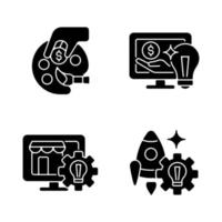 Startup ideas black glyph icons set on white space. Patronage and guidance. Online marketplace. Small business launch. Financial support. Silhouette symbols. Vector isolated illustration