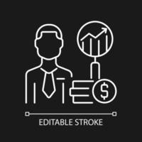 Financial analyst white linear icon for dark theme. Specialist undertaking finance analysis. Thin line customizable illustration. Isolated vector contour symbol for night mode. Editable stroke