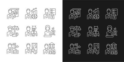 Career in finance field linear icons set for dark and light mode. Business administration. Financial occupation. Customizable thin line symbols. Isolated vector outline illustrations. Editable stroke