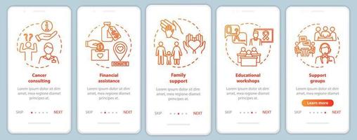 Oncology help onboarding mobile app page screen with concepts. Illness treatment walkthrough five steps graphic instructions. Financial assistance. UI vector template with RGB color illustrations