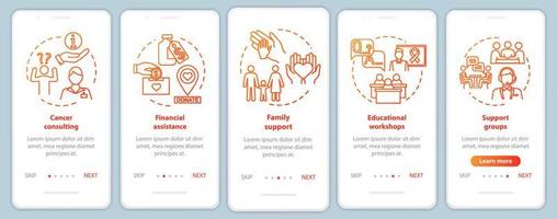 Oncology help onboarding mobile app page screen with concepts. Illness treatment walkthrough five steps graphic instructions. Financial assistance. UI vector template with RGB color illustrations