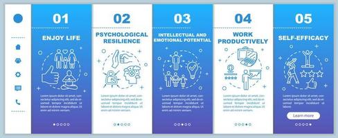 Mental health onboarding vector template. Psychological wellness. Enjoy life. Work productively. Self efficacy. Responsive mobile website, icons. Webpage walkthrough step screens. RGB color concept