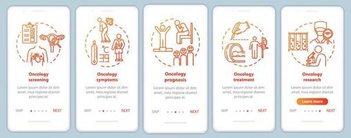Oncology onboarding mobile app page screen with concepts. Cancer symptoms. Sickness prognosis. Illness treatment walkthrough five steps graphic instructions. UI vector template, RGB color illustration