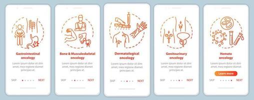 Oncology onboarding mobile app page screen with concepts. Dermatological oncology. Cancer treatment walkthrough five steps graphic instructions. UI vector template with RGB color illustrations