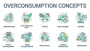 Overconsumption concept icons set. Global warming. Ecological and environmental damage. Consumerism idea thin line RGB color illustrations. Vector isolated outline drawings. Editable stroke