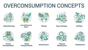 conjunto de iconos de concepto de consumo excesivo. calentamiento global. daño ecológico y ambiental. consumismo idea ilustraciones en color rgb de línea fina. dibujos de contorno aislados vectoriales. trazo editable vector