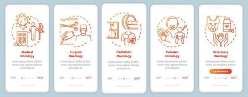 Oncology onboarding pantalla de la página de la aplicación móvil con conceptos. cirugía. Tutorial de tratamiento de cáncer con instrucciones gráficas de cinco pasos. Oncologia medica. plantilla de vector de interfaz de usuario con ilustraciones en color rgb