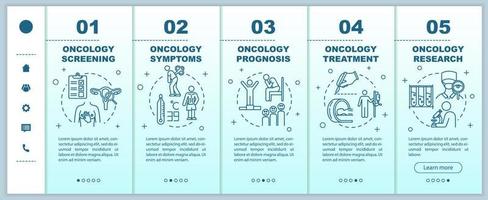 plantilla de vector de oncología onboarding. investigación y tratamiento de enfermedades. síntomas y pronóstico del cáncer. sitio web móvil receptivo con iconos. pantallas de pasos del tutorial de la página web. concepto de color rgb