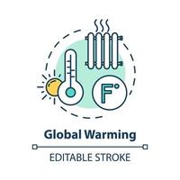 Global warming concept icon. Heat wave. High temperature. Industrial damage. Ozone depletion. Climate change idea thin line illustration. Vector isolated outline RGB color drawing. Editable stroke