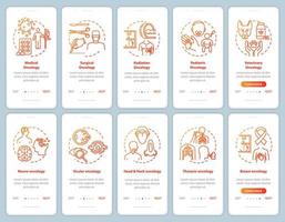 Oncology onboarding pantalla de la página de la aplicación móvil con conceptos. cáncer ocular. instrucciones gráficas de pasos de tutorial de tratamiento de enfermedades. neurooncología. plantilla de vector de interfaz de usuario con ilustraciones en color rgb