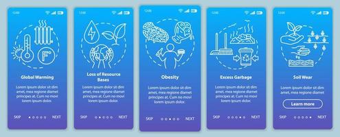 Overconsumption onboarding mobile app page screen with concepts. Global warming, soil wear. Consumerism walkthrough 5 steps graphic instructions. UI vector template with RGB color illustrations