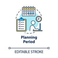 Planning period concept icon. Self-building businessman. Checklist for project. Scheduling work idea thin line illustration. Vector isolated outline RGB color drawing. Editable stroke