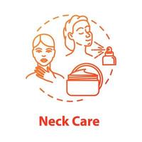 Neck care, beauty procedure, youth concept icon. Body skin moisturizing, cosmetic products, cream and spray idea thin line illustration. Vector isolated outline RGB color drawing. Editable stroke