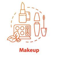 Makeup, beauty products concept icon. Organic decorative cosmetics, lipstick and mascara, eyeshadow idea thin line illustration. Vector isolated outline RGB color drawing. Editable stroke