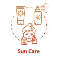 Sun care, sunscreens, summer cosmetics concept icon. Sun protection, sunblock beauty products, skin care idea thin line illustration. Vector isolated outline RGB color drawing. Editable stroke