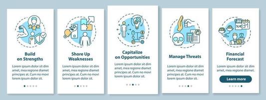 SWOT onboarding mobile app page screen with concepts. Managing threats. Building strengths walkthrough 5 steps graphic instructions. UI vector template with RGB color illustrations
