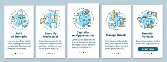 pantalla de la página de la aplicación móvil de incorporación foda con conceptos. gestión de amenazas. Tutorial de desarrollo de fortalezas Instrucciones gráficas de 5 pasos. plantilla de vector de interfaz de usuario con ilustraciones en color rgb