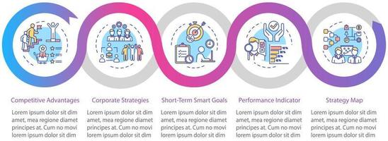 Corporate planning vector infographic template. Performance indicator presentation design elements. Data visualization with 5 steps. Process timeline chart. Workflow layout with linear icons