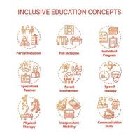 Inclusive education concept icons set. Individual program. Partial and full inclusion. Special school idea thin line RGB color illustrations. Vector isolated outline drawings. Editable stroke