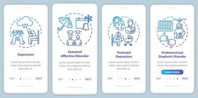 Mental disorder onboarding mobile app page screen with concepts. Psychological problem walkthrough four steps graphic instructions. Seasonal depression. UI vector template with RGB color illustrations