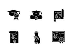 Diploma black glyph icons set on white space. School certificate. Graduation confirmation. Academic document. Degree. Education. Notary services. Silhouette symbols. Vector isolated illustration