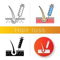 Hairloss injection icon. Professional alopecia treatment. Medical therapy for baldness. Haircare and dermatology. Vaccine in syringe. Linear black and RGB color styles. Isolated vector illustrations